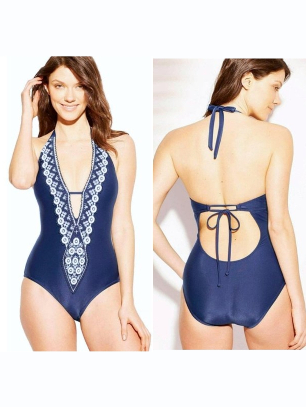 Kona Sol Navy Blue & White Crochet Trim Plunge Neckline Swimsuit, Size XL